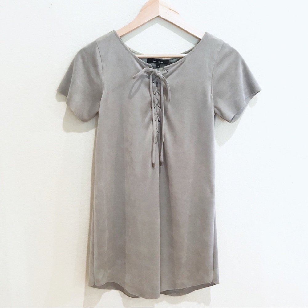 Olivaceous Gray Faux Suede Lace Up Mini Dr…